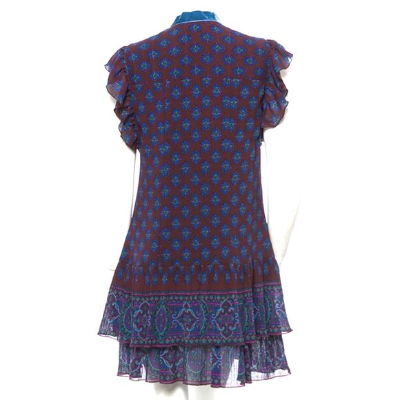 ANNA SUI FW09 Medallion Print Ruffle Tier Silk Blend Mini Dress Velvet Trim 6 - Picture 2 of 7